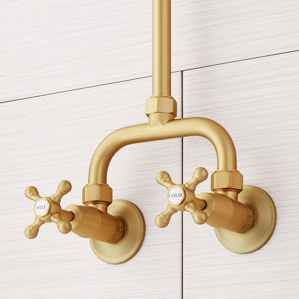 Signature Hardware Brushed Gold Two Handle Exposed Pipe Shower with Rainfall Showerhead 