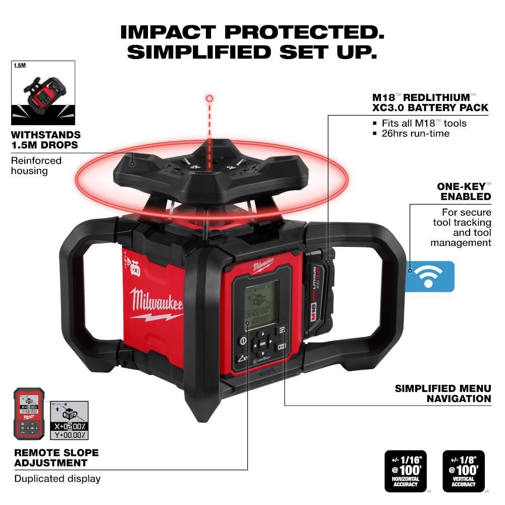 M18 RED EXTERIOR DUAL SLOPE ROTARY LASER LEVEL KIT W/ RECEIVER REMOTE GRADE ROD & TRIPOD 