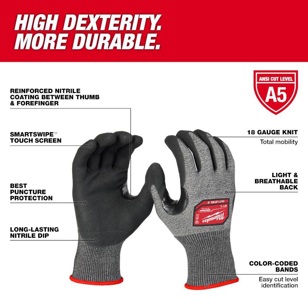 Cut Level 5 High-Dexterity Nitrile Dipped Gloves, L 