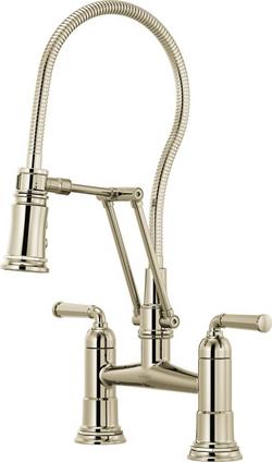 Two Handle Bridge Pull Out Kitchen Faucet in Polished Nickel
