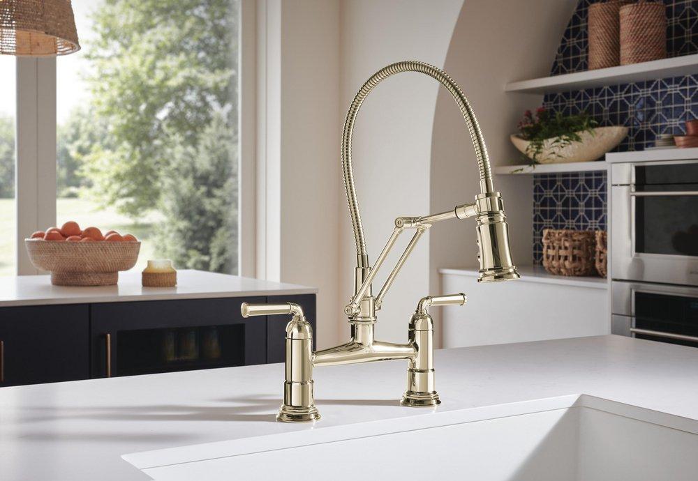 Two Handle Bridge Pull Out Kitchen Faucet in Polished Nickel 