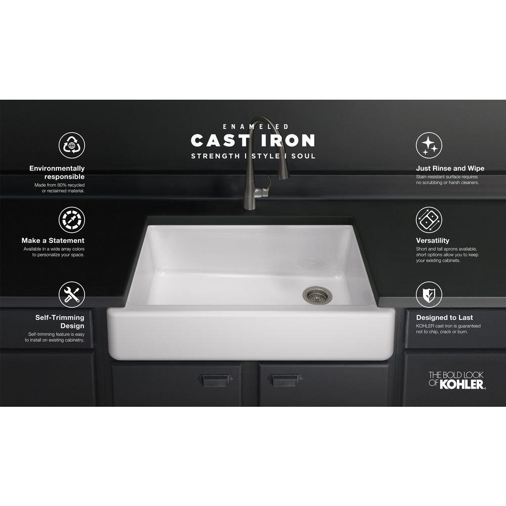 KOHLER Truffle 33 x 18-3/4 in. No-Hole Cast Iron Single Bowl Dual Mount Kitchen Sink 