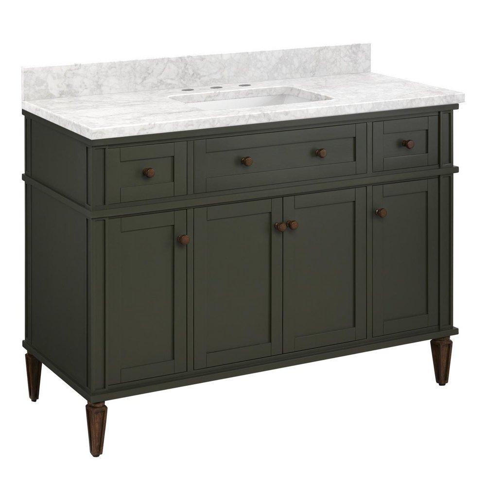 Signature Hardware Dark Olive Green Floor Mount Vanity in Dark Olive Green with Carrara Marble 