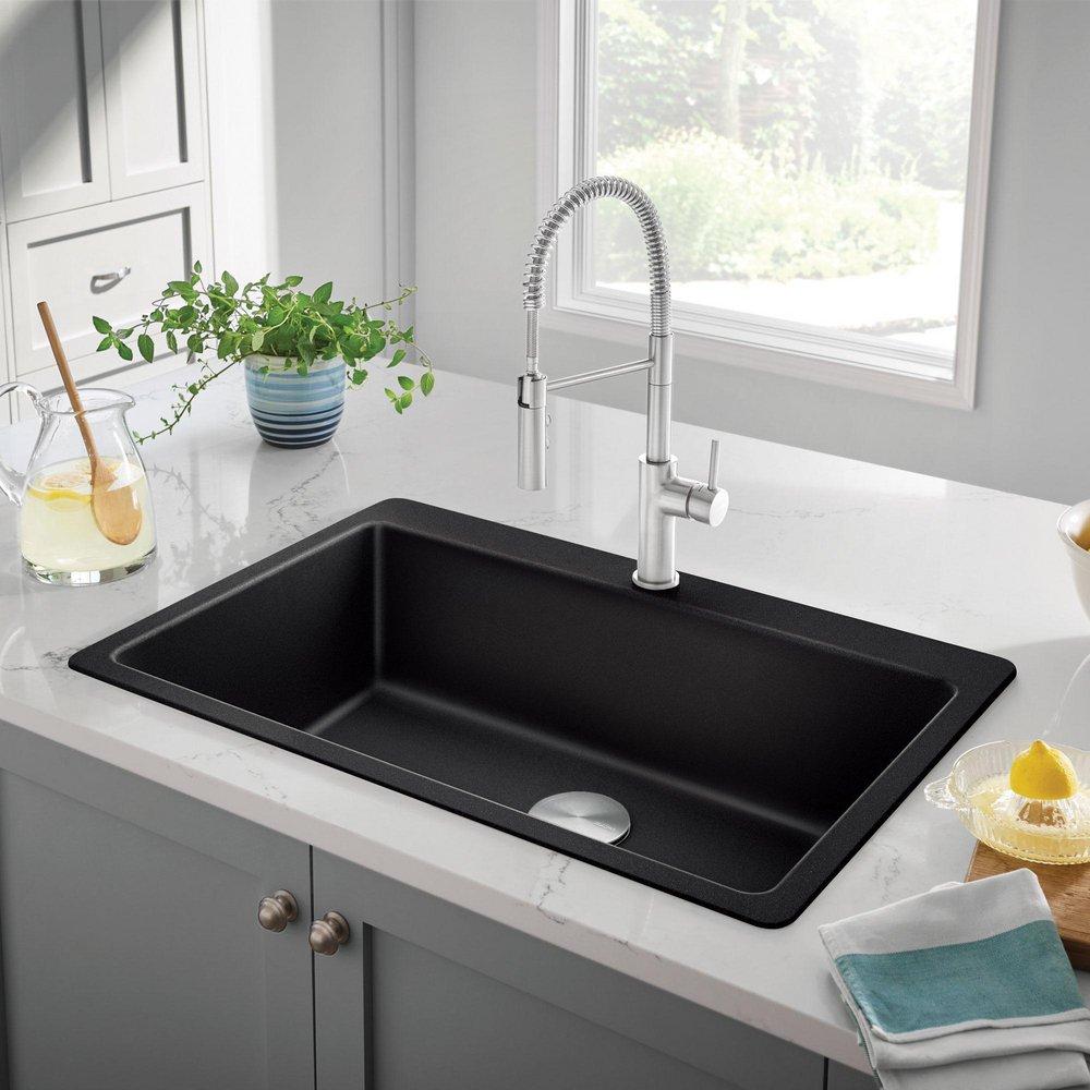 33 in. Dual Mount Silgranit Single Bowl Kitchen Sink in Coal Black 