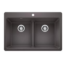 33 in. Dual Mount Silgranit Double Bowl Kitchen Sink with Low Divide in Cinder