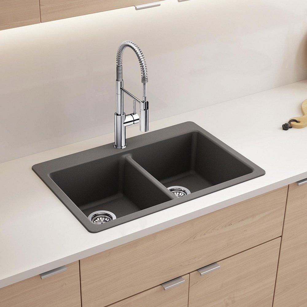 LIVEN EQUAL DOUBLE BOWL DUAL MOUNT KITCHEN SINK WITH LOW DIVIDE - CINDER 