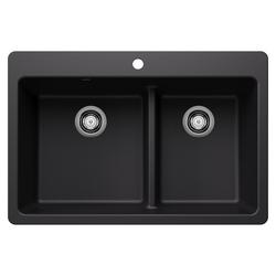 33 in. Dual Mount Silgranit Double Bowl Kitchen Sink with Low Divide in Coal Black