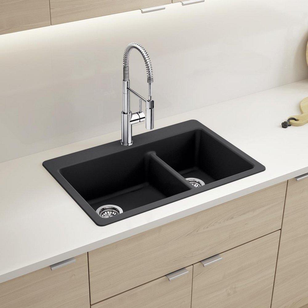 LIVEN 1-3/4 DOUBLE BOWL KITCHEN SINK WITH LOW DIVIDE - COAL BLACK 