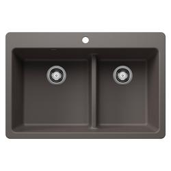 33 in. Dual Mount Silgranit Double Bowl Kitchen Sink with Low Divide in Volcano Gray