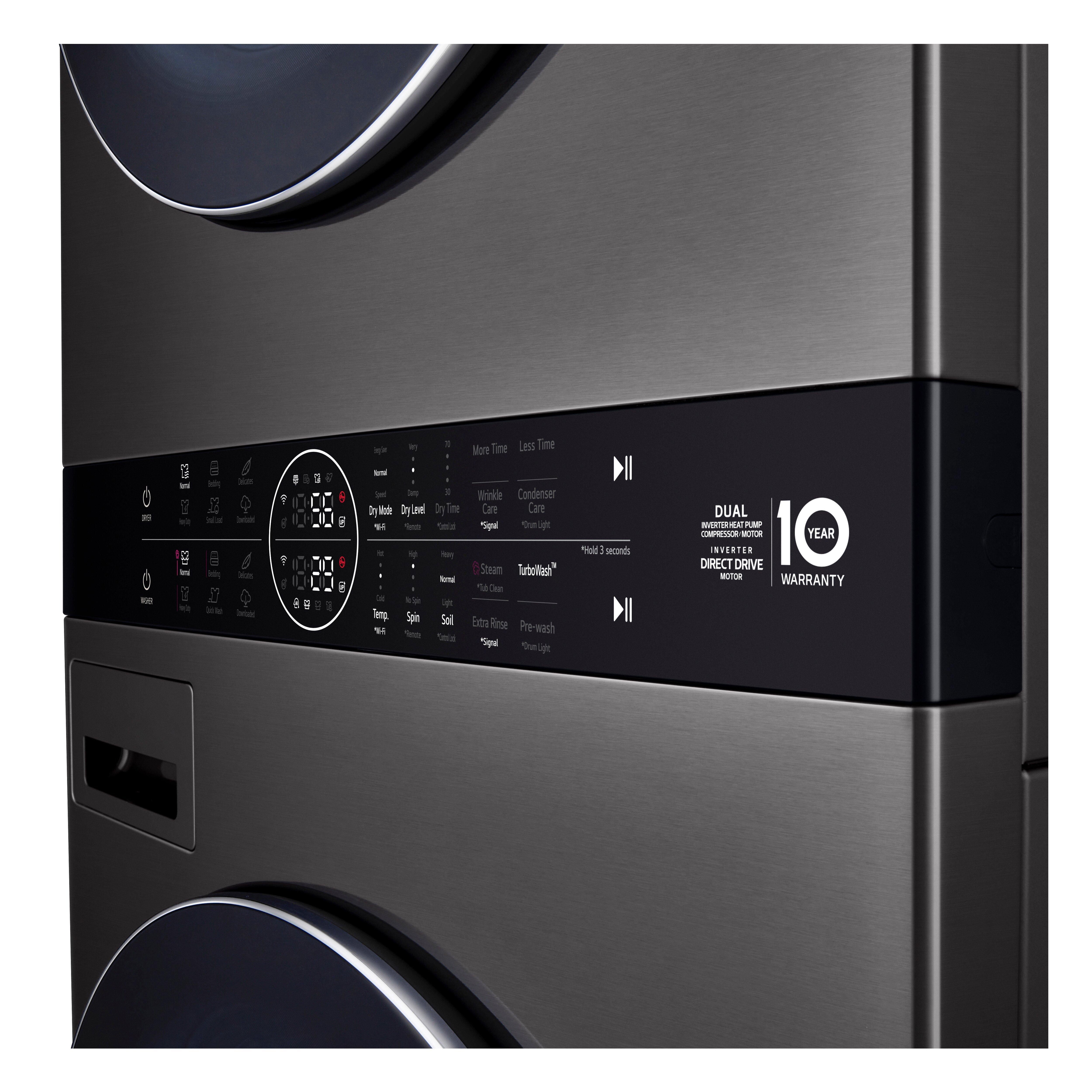 5.0 CU.FT. WASHER 7.8 CU.FT. DUAL INVERTER HEAT PUMP VENTLESS DRYER WASHTOWER WITH CENTER CONTROL AND TURBOWASH360 BLACK STEEL 