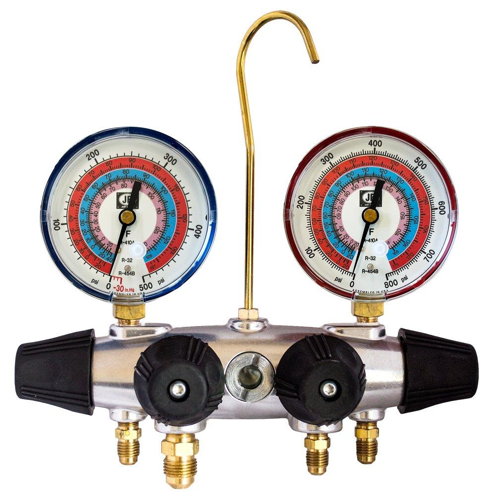 4 VALVE ALUMINUM MANIFOLD W/R-32, R-454B, R-410A - W/O HOSES - 80MM ILLUMINATING GAUGES 