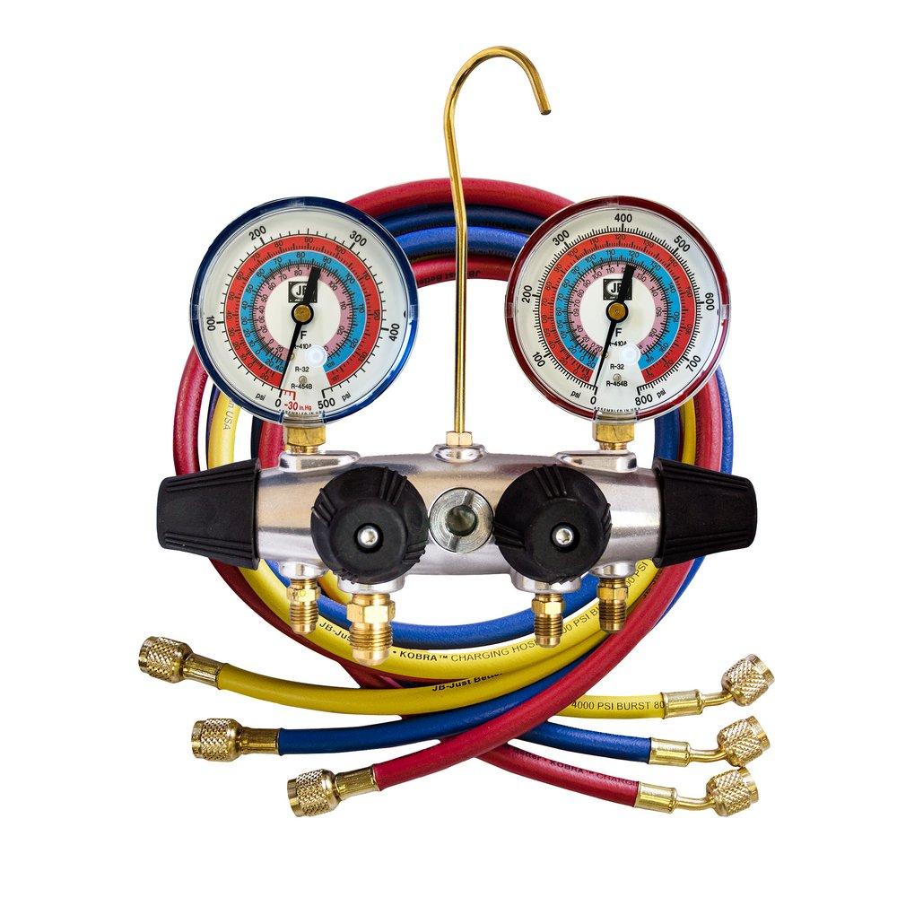 4 VALVE ALUMINUM MANIFOLD W/R-32, R-454B, R-410A - 80MM - ILLUMINATING GAUGES - CCLE-60 HOSES 