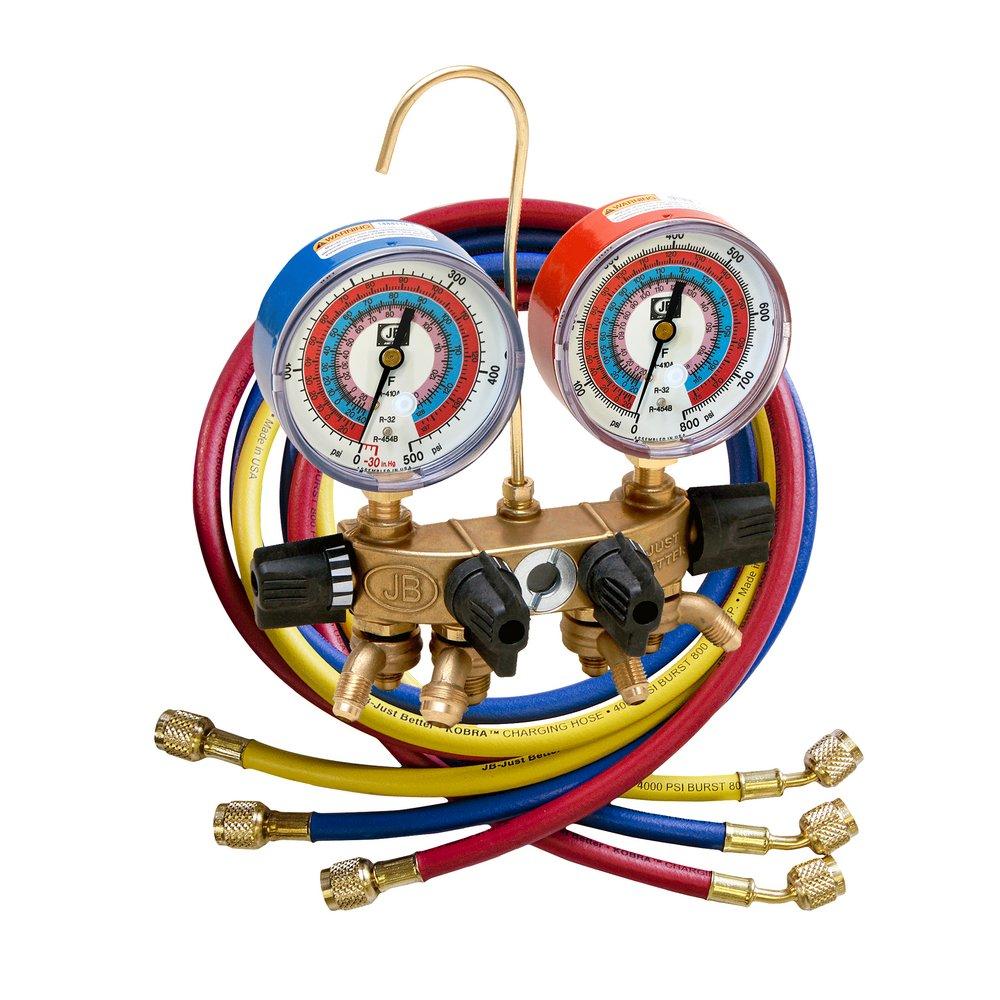 4 VALVE BALL VALVE MANIFOLD W/R-32, R-454B, R-410A - W/ CCLE-60 HOSES - 80MM ILLUM GAUGES 