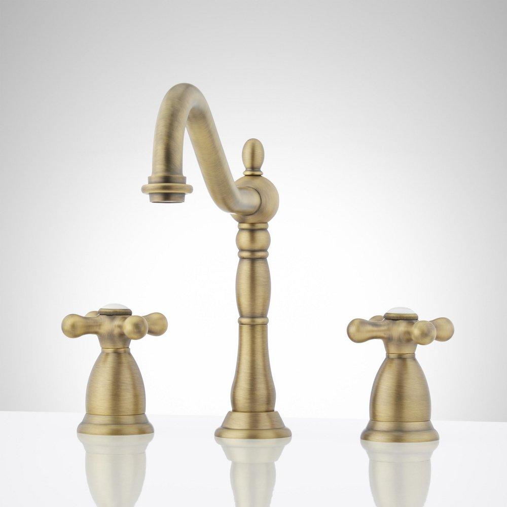 VICTORIAN WIDESPREAD BATHROOM FAUCET - CROSS HANDLES - AGED BRASS 