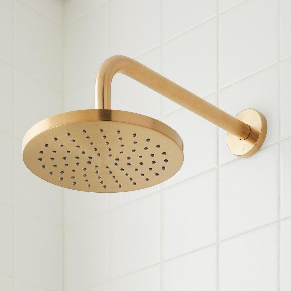 Signature Hardware Brushed Gold Pressure Balanced Shower System with Shower Head, Slide Bar, Hand Shower, Hose and Valve Trim with Diverter - Valve Included 