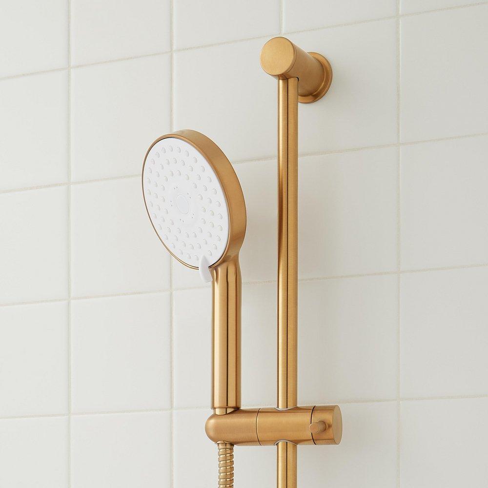 Signature Hardware Brushed Gold Pressure Balanced Shower System with Shower Head, Slide Bar, Hand Shower, Hose and Valve Trim with Diverter - Valve Included 