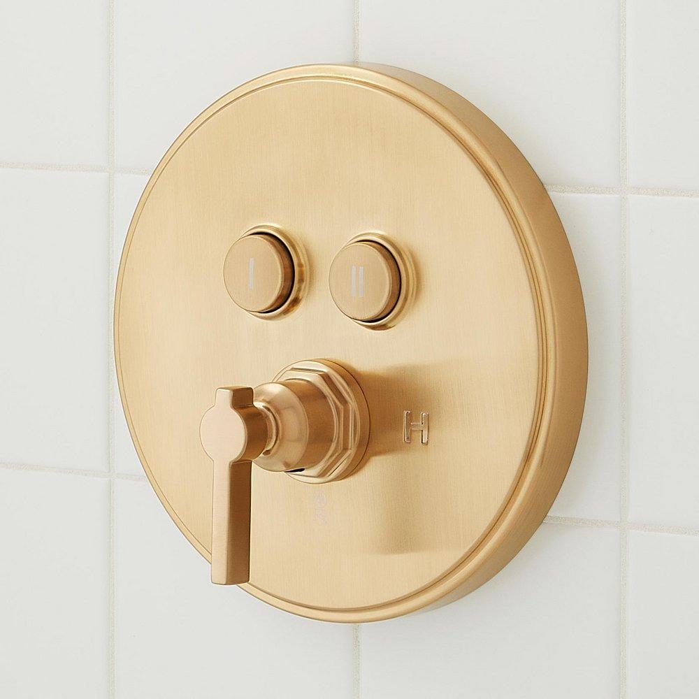 Signature Hardware Brushed Gold Pressure Balanced Shower System with Dual Shower Heads, Valve Trim and Diverter - Valve Included 