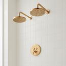 Pressure Balanced Shower System in Brushed Gold with Dual Shower Heads, Valve Trim and Diverter - Valve Included