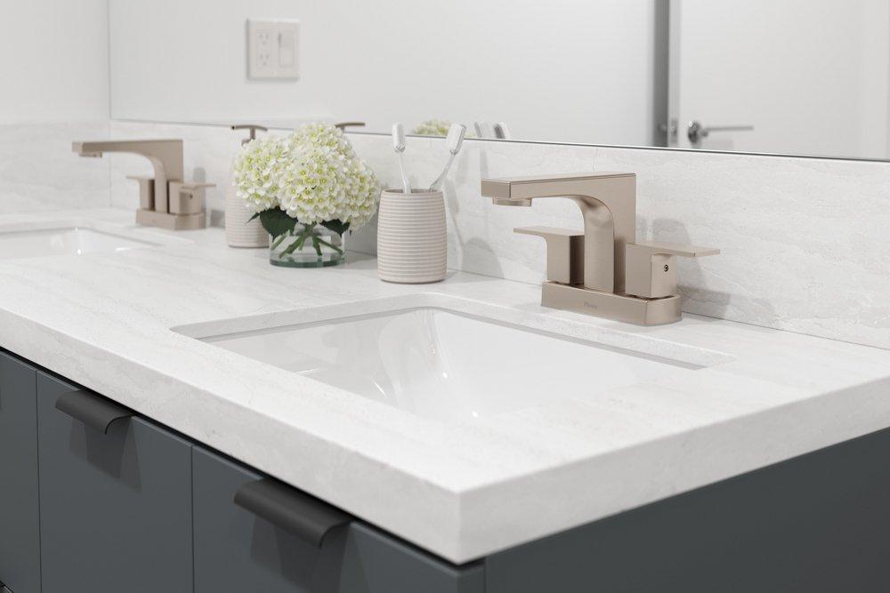 Two Handle Centerset Bathroom Sink Faucet in Brushed Nickel 