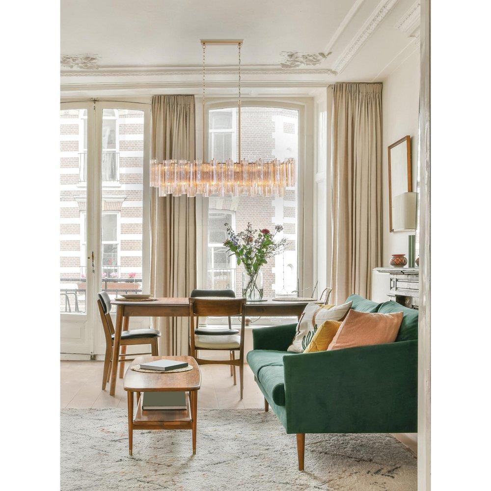 840W 14-Light Linear Chandelier in Aged Brass with White Tronchi Glass 