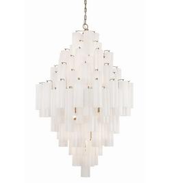 20-Light 31 in. Wide Crystal Waterfall Chandelier with White Crystal Shades in Aged Brass