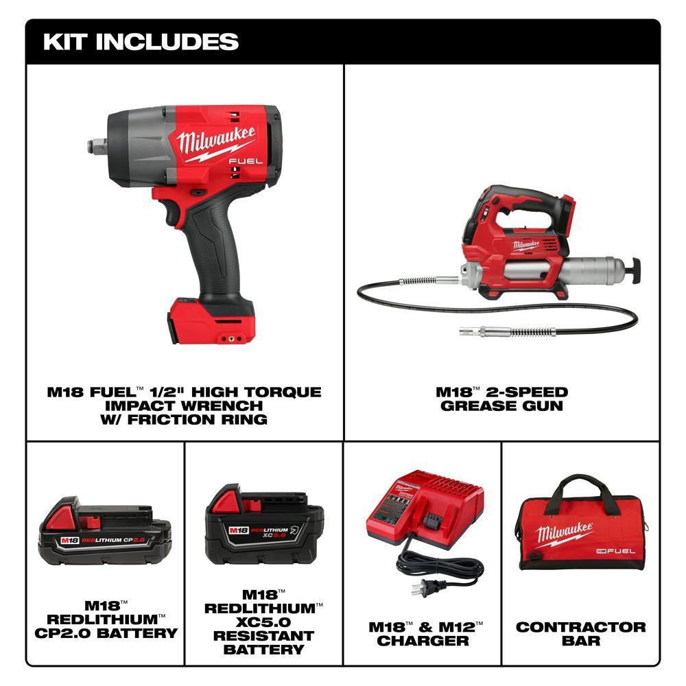 18V Lithium-Ion Brushless Cordless High Torque 1/2 in. Impact Wrench with Friction Ring & Grease Gun Combo Kit 