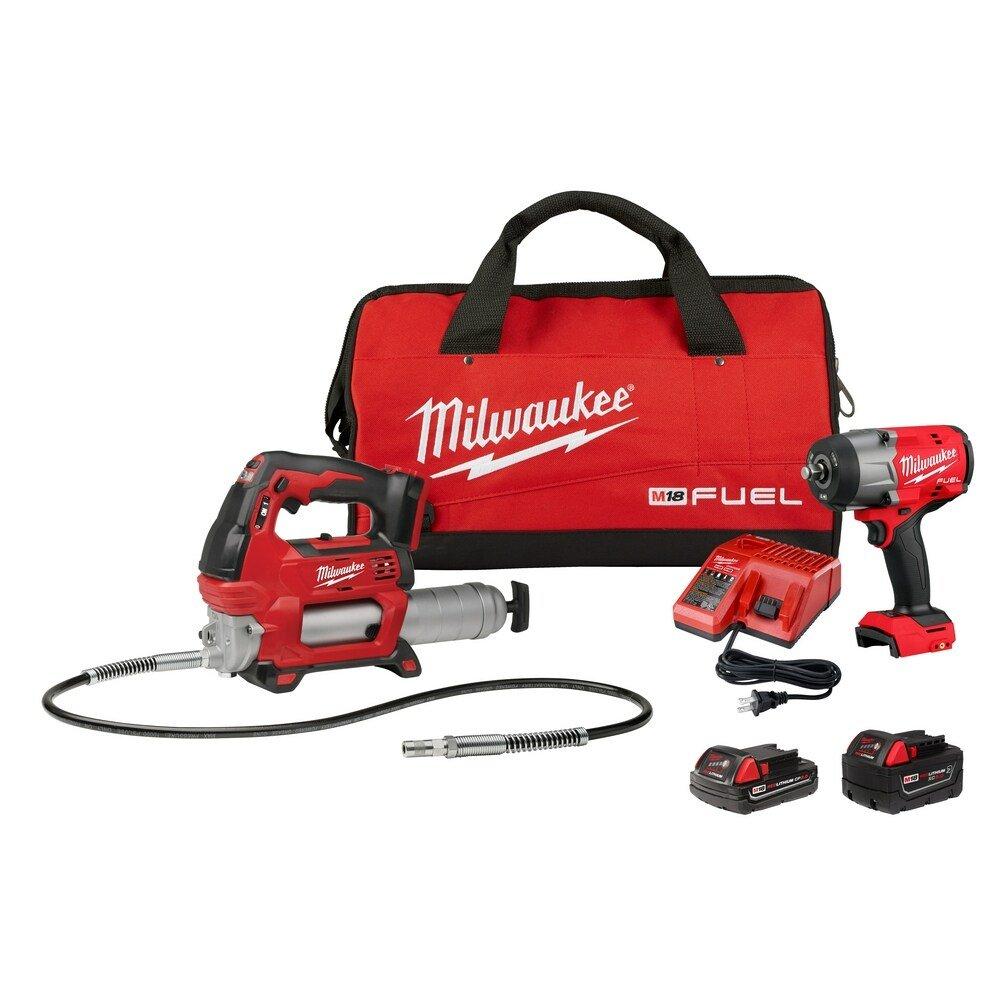 18V Lithium-Ion Brushless Cordless High Torque 1/2 in. Impact Wrench with Friction Ring & Grease Gun Combo Kit 