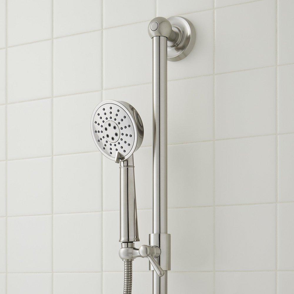 Thermostatic Shower System in Brushed Nickel with Rain Dual Shower Heads, Slide Bar, Hand Shower, Hose, Valve Trim and Diverter - Valve Included 