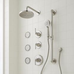 Thermostatic Shower System in Brushed Nickel with Rain Shower Head, Slide Bar, Hand Shower, Hose, 3 Body Sprays, Valve Trim and Diverter - Valve Included