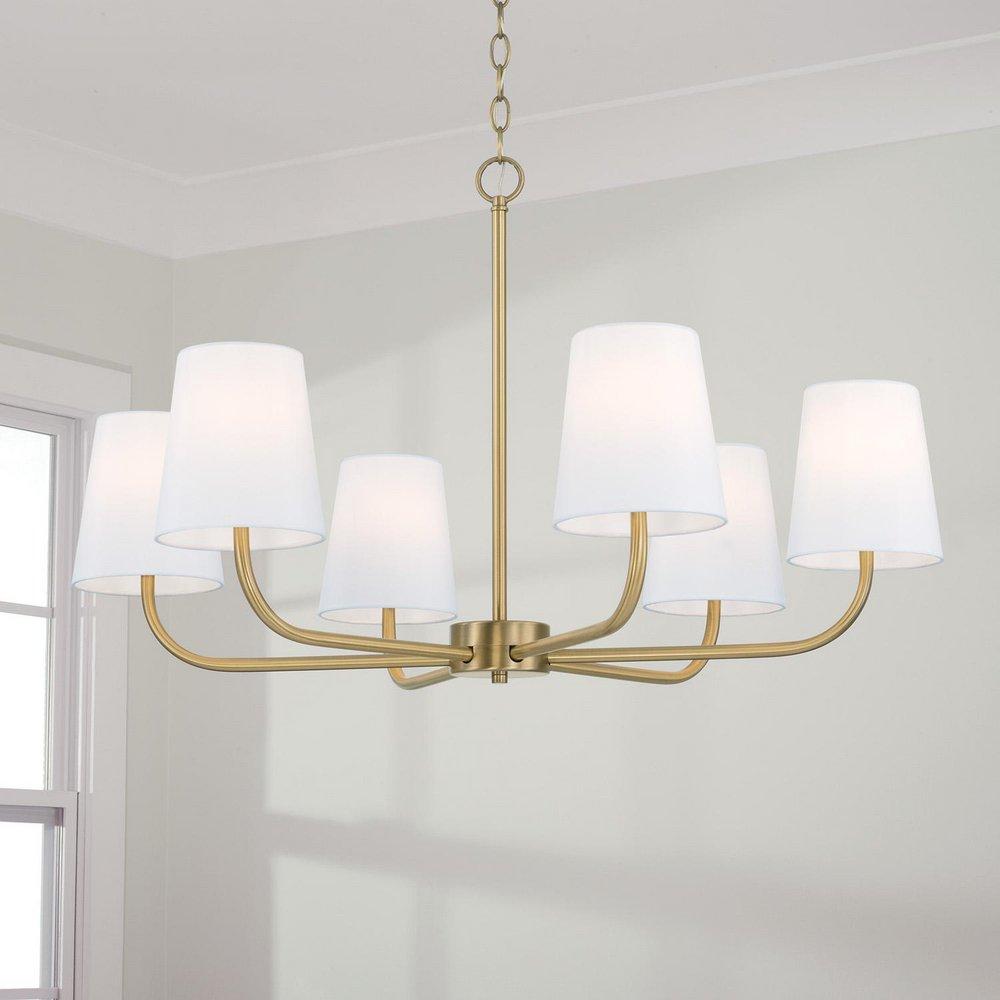 6 Light 35in. Wide Chandelier with White Fabric Shades in Aged Brass 