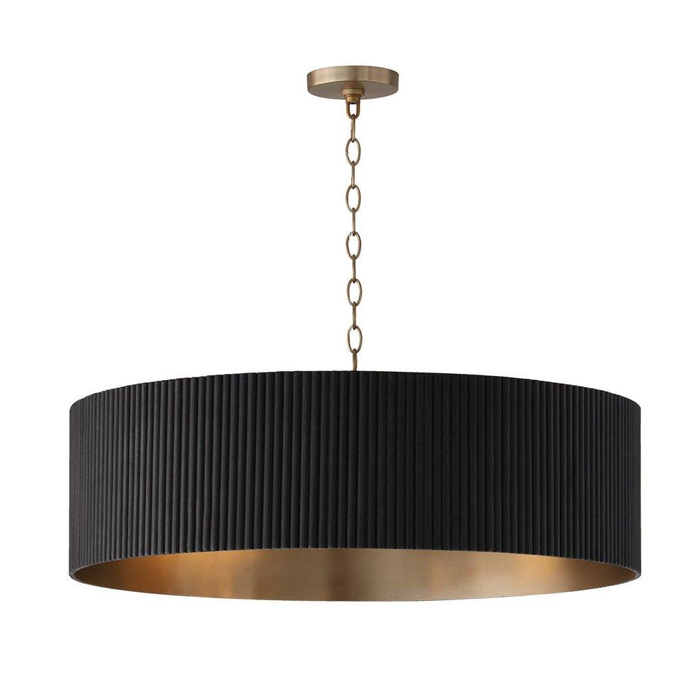 4-Light 31 in. Wide Wood Pendant with Mango Wood Shade in Black Stain / Matte Brass 