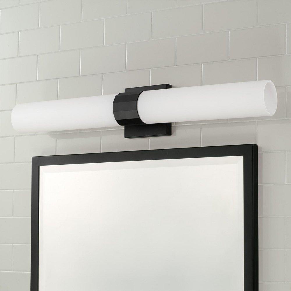 2-Light 5in. Wide Bath Bar with Soft White Glass Shades in Matte Black 