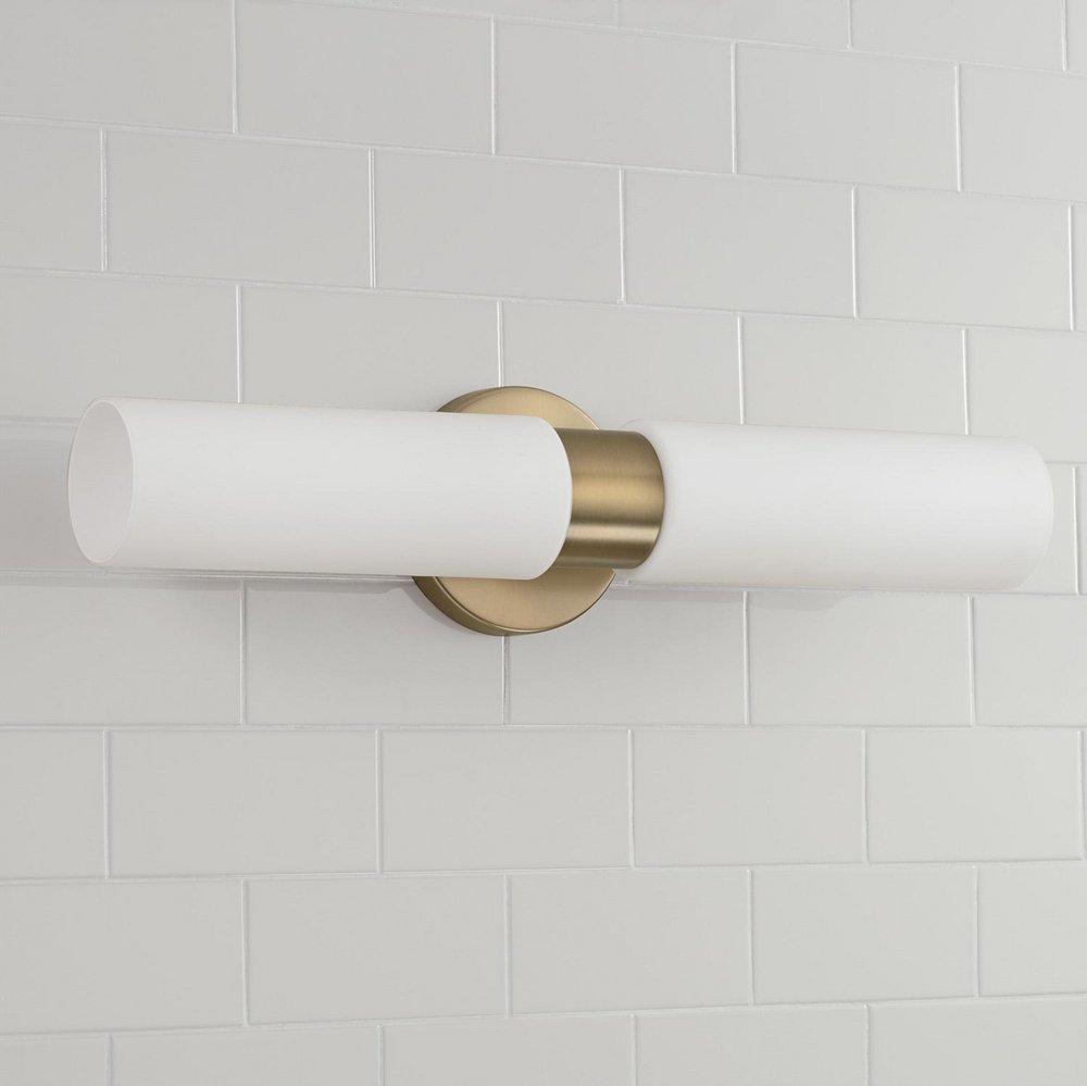 2-Light 5in. Wide Bath Bar with Soft White Glass Shades in Aged Brass 