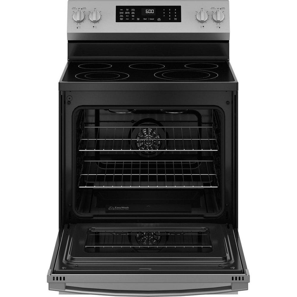 GE&reg; Stainless Steel 30 in. 5-Burner Electric Freestanding Range with No Preheat Air Fry 