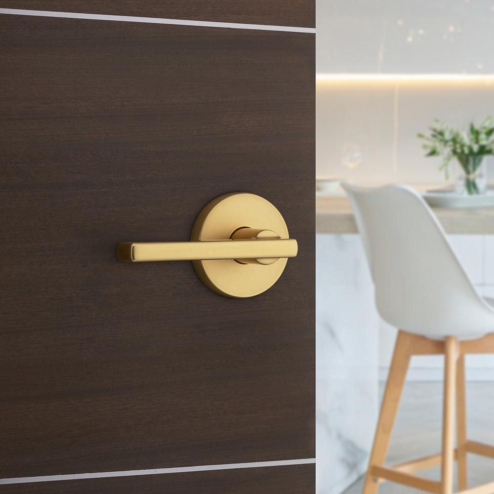 Passage Door Lever with Round Rosette in Satin Brass 