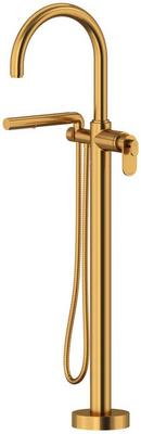 Single Handle Floor Mount Tub Filler with Hand Shower in Brushed Gold (Trim Only)