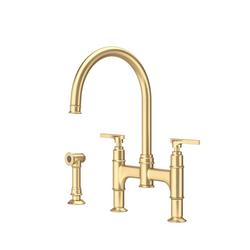 Two Handle Bridge Kitchen Faucet with Side Spray in Satin English Gold