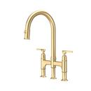 Two Handle Bridge Pull Down Kitchen Faucet in Satin English Gold