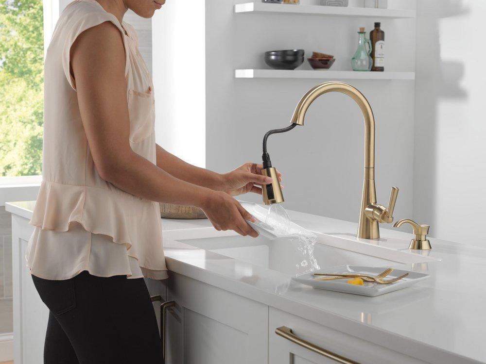 Single Handle Pull Down Kitchen Faucet with Soap Dispenser in Champagne Bronze 