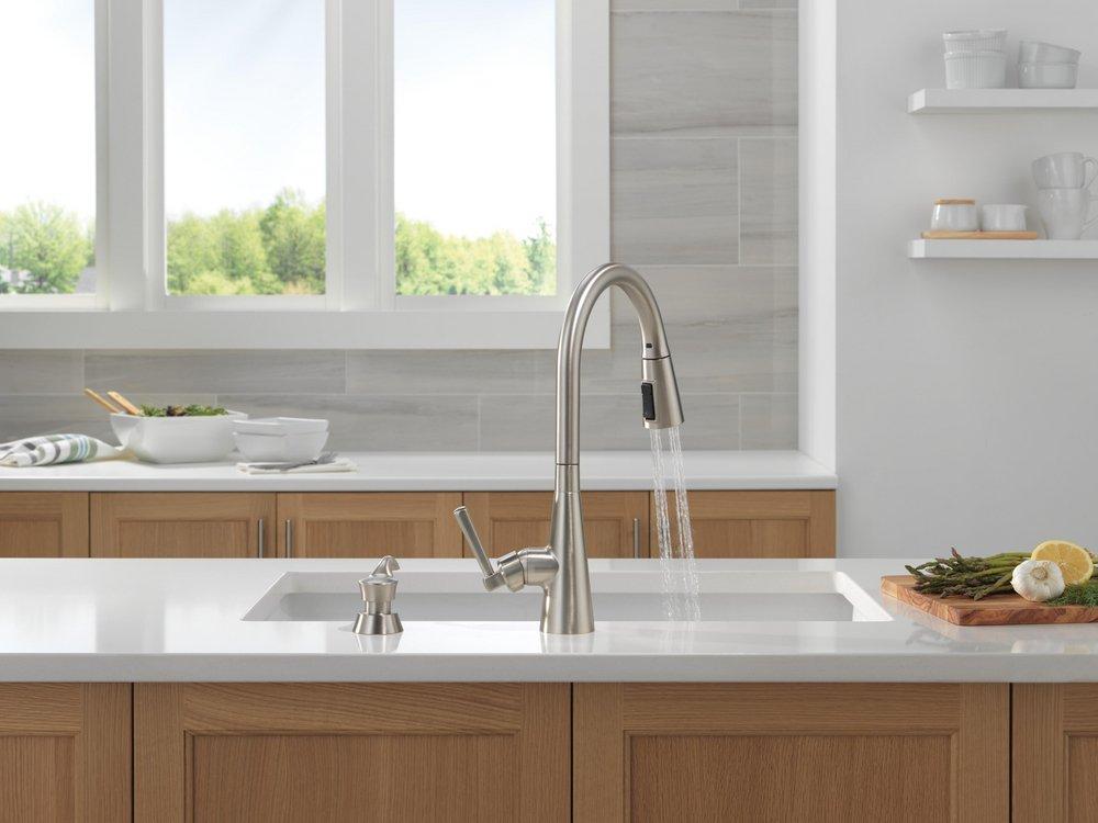 Single Handle Pull Down Kitchen Faucet with Soap Dispenser in SpotShield&reg; Stainless 