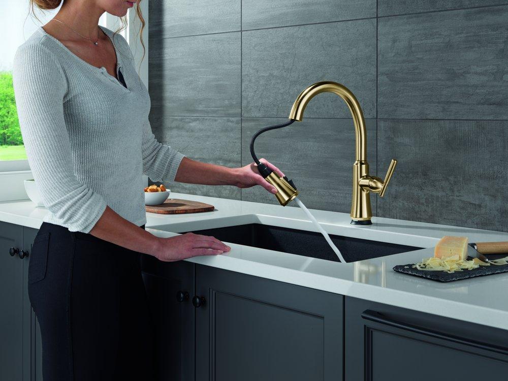 Single Handle Pull Down Kitchen Faucet with Touchless or Touch Activation in Champagne Bronze 