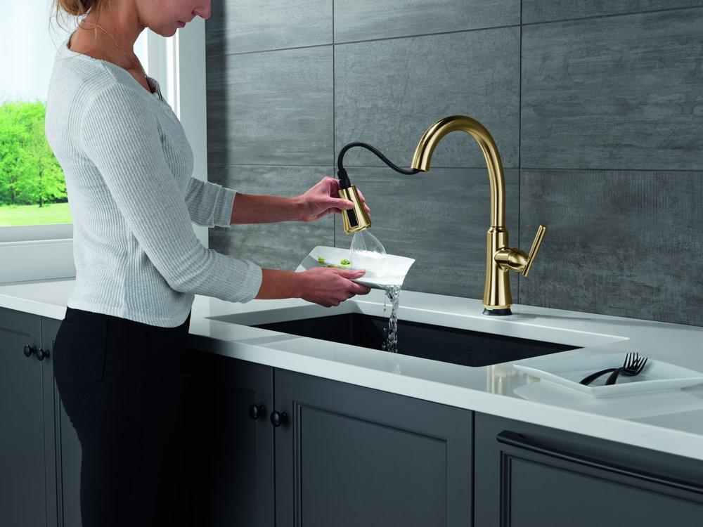 Single Handle Pull Down Kitchen Faucet with Touchless or Touch Activation in Champagne Bronze 