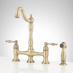 Two Handle Pull Down Bridge Kitchen Faucet in Aged Brass