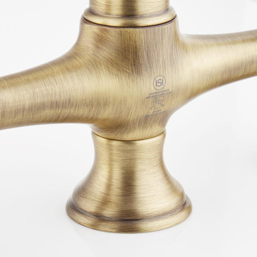 Signature Hardware Aged Brass Two Handle Pull Down Bridge Kitchen Faucet 