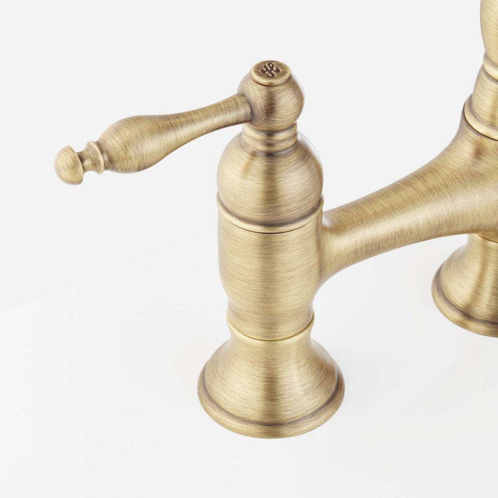 Signature Hardware Aged Brass Two Handle Pull Down Bridge Kitchen Faucet 