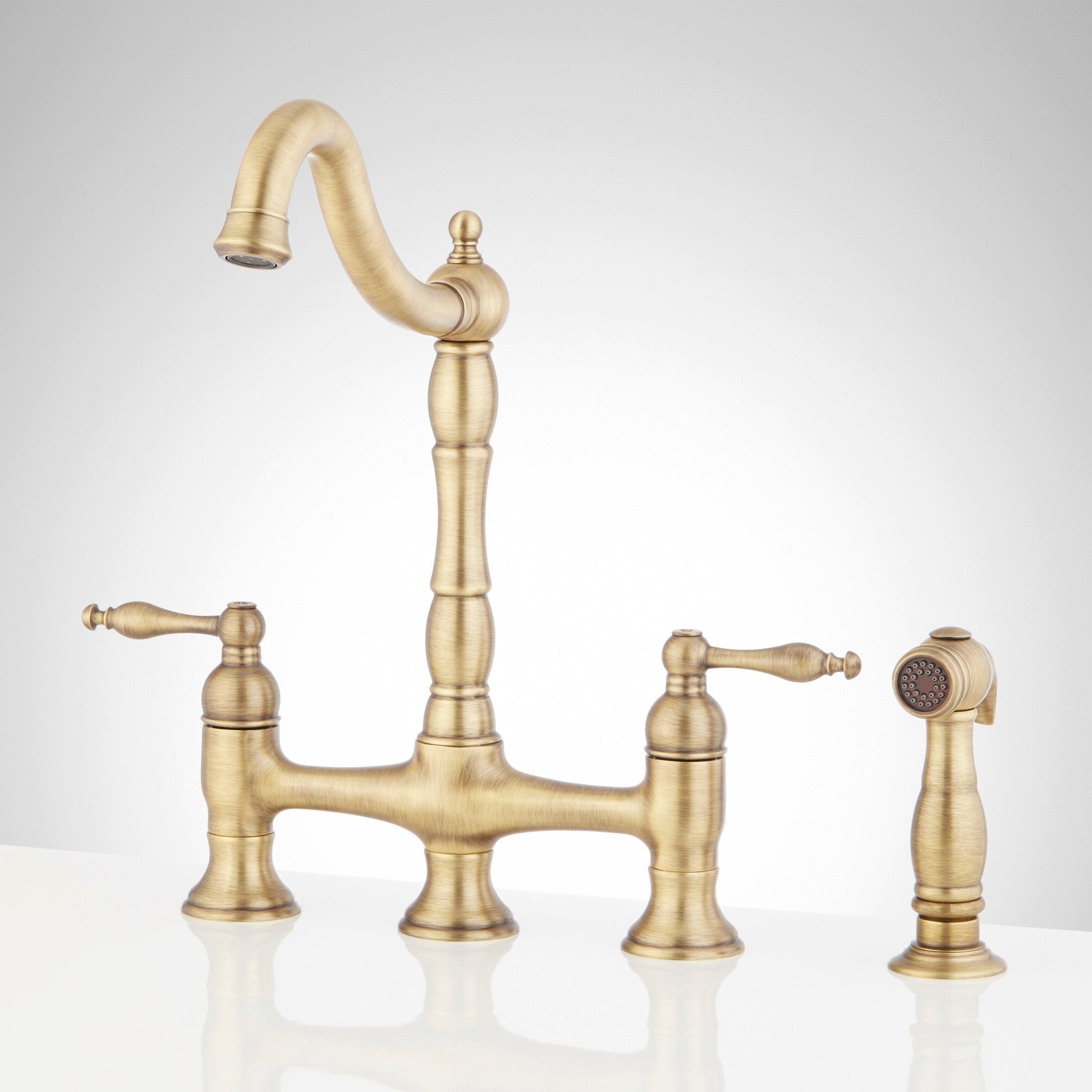 Signature Hardware Aged Brass Two Handle Pull Down Bridge Kitchen Faucet 