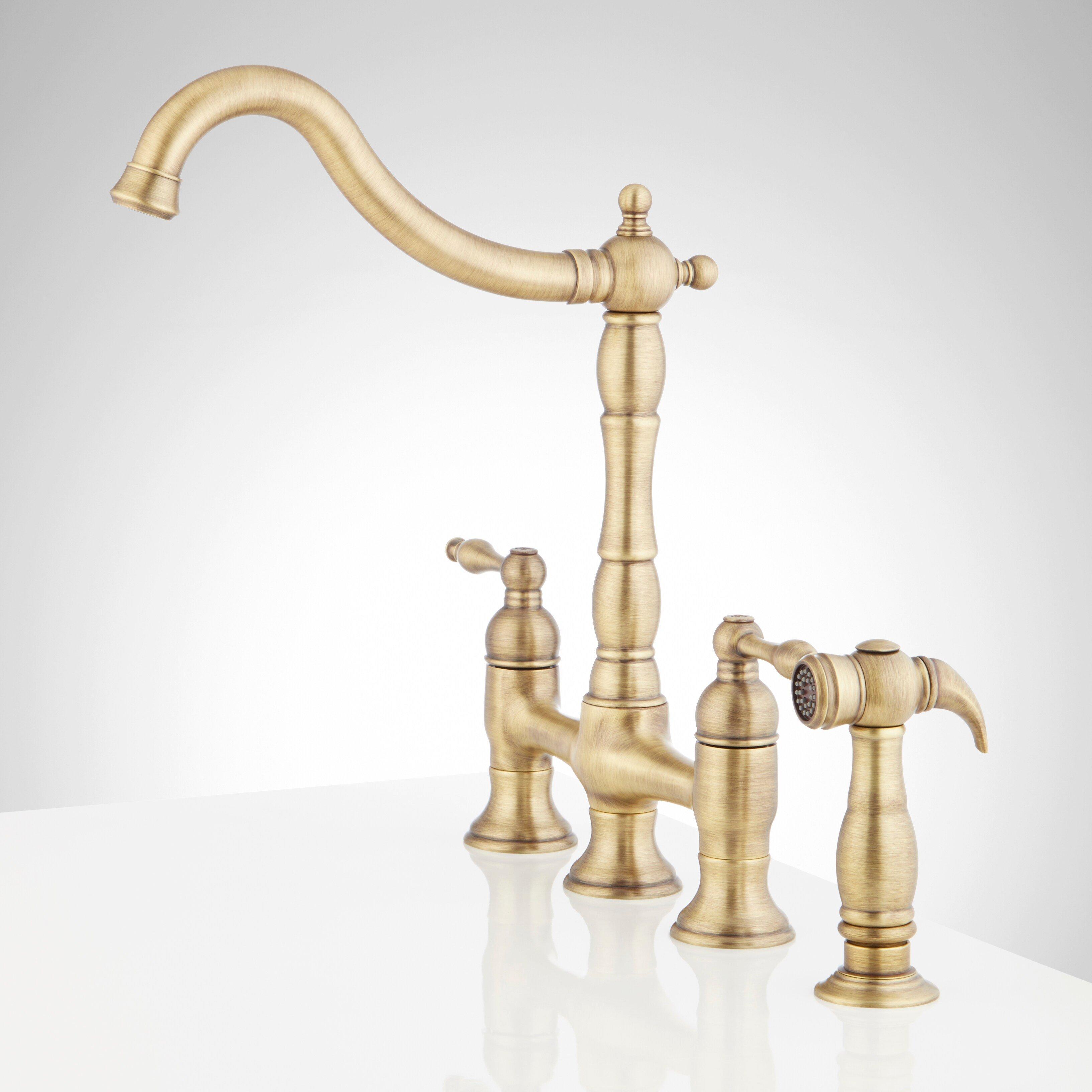Signature Hardware Aged Brass Two Handle Pull Down Bridge Kitchen Faucet 