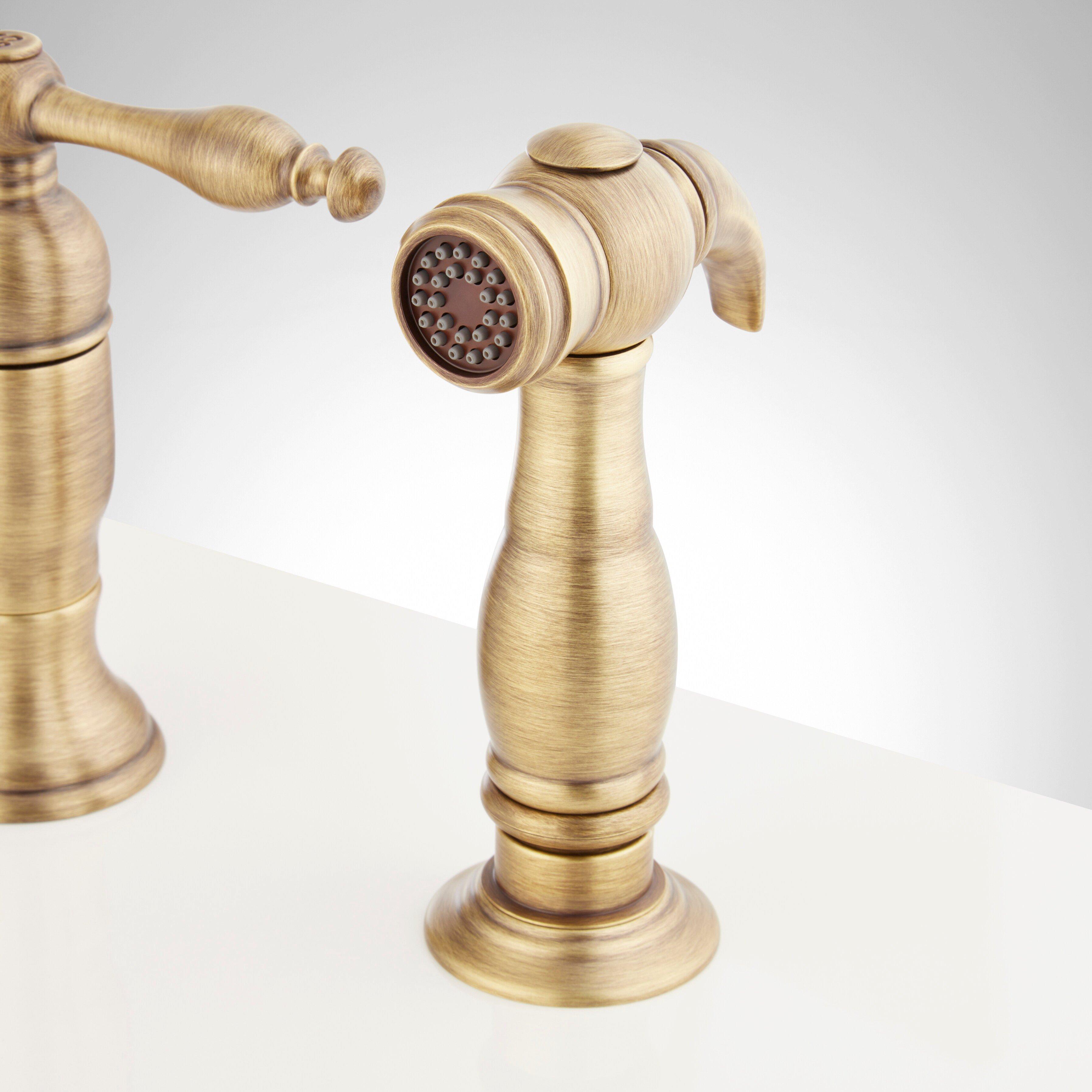 Signature Hardware Aged Brass Two Handle Pull Down Bridge Kitchen Faucet 