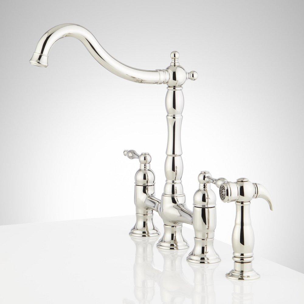 Signature Hardware Polished Nickel Two Handle Pull Down Bridge Kitchen Faucet 