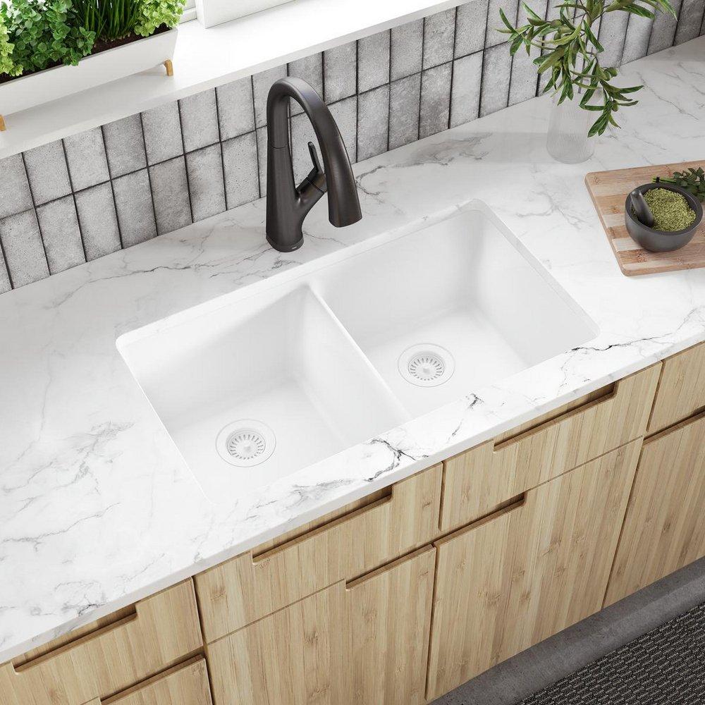 ELKAY QUARTZ LUXE 33 X 18-1/2 X 9-1/2 EQUAL DOUBLE BOWL UNDERMOUNT SINK ARCTIC FOX 